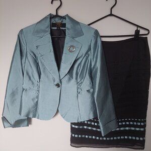 NEW ABS by Allen Schwartz Metallic Ice Blue Silk Skirt Jacket Suit Set, Size 10
